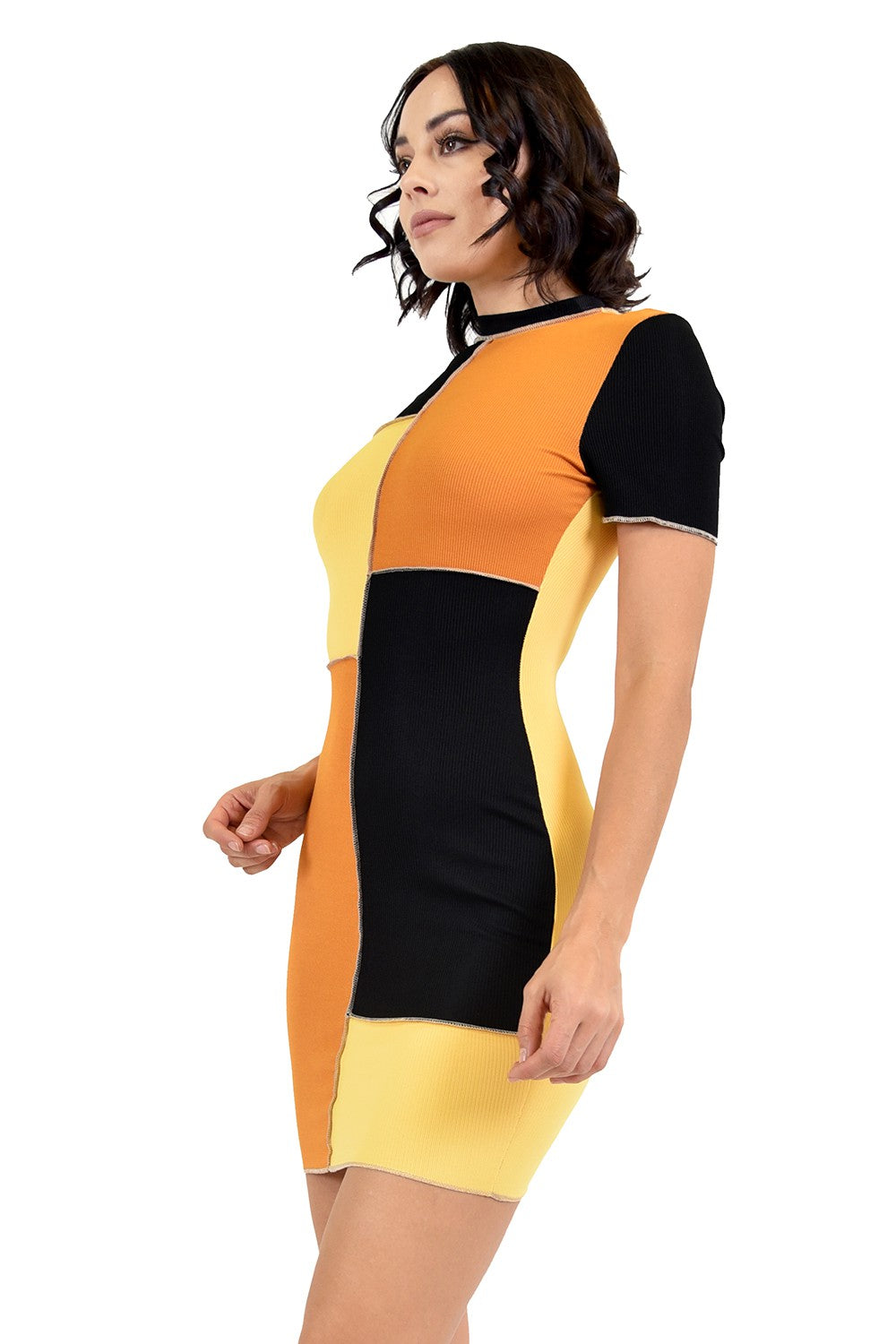 Short Sleeve Color Block Stitch Mini Dress