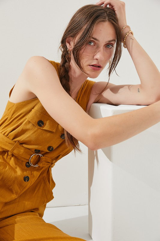 SLEEVELESS SQUARE NECK BUTTON DOWN ANKLE JUMPSUIT-BLACK OR MUSTARD