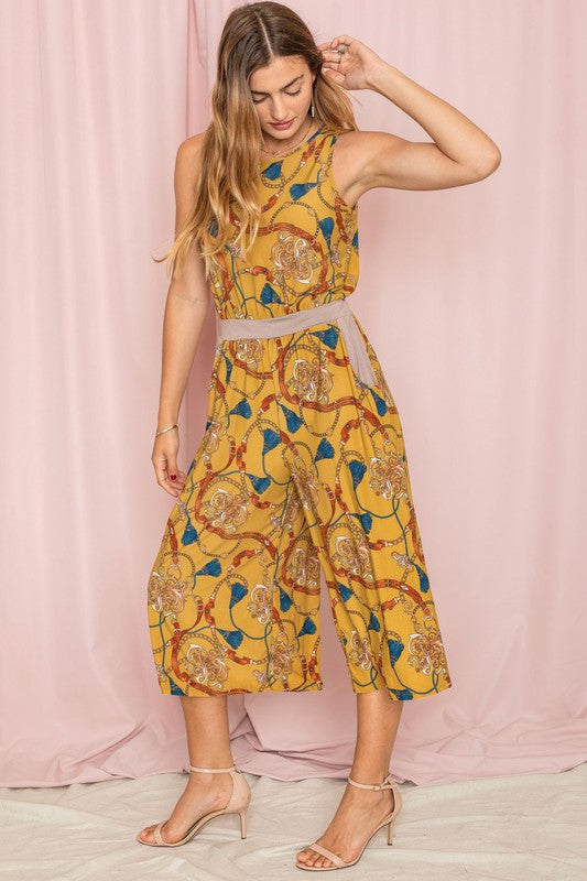 Plus Size Blouson Chain Tassel Print  Cropped Jumpsuit