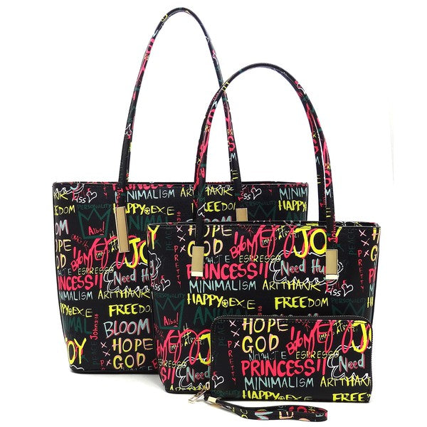 Multi Graffiti Print 3-in-1 Tote Shopper Set