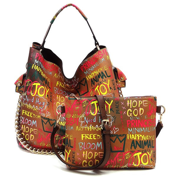 Multi Graffiti 2-in-1 Bucket Shoulder Bag Hobo Set