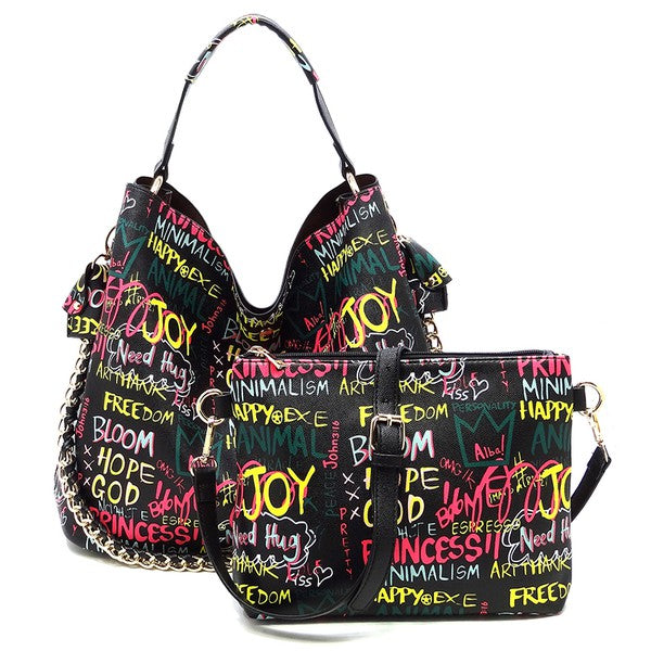 Multi Graffiti 2-in-1 Bucket Shoulder Bag Hobo Set