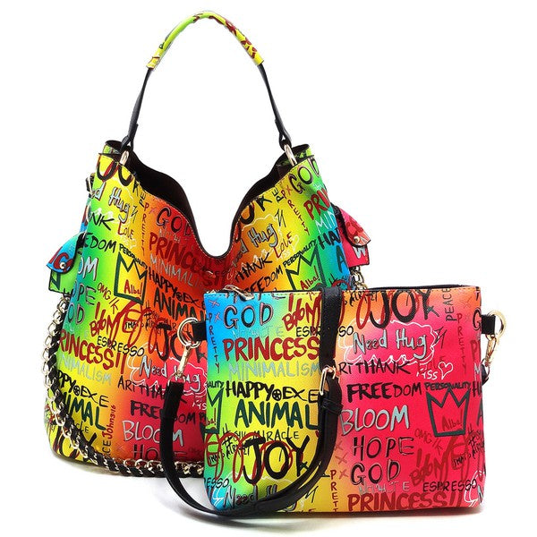Multi Graffiti 2-in-1 Bucket Shoulder Bag Hobo Set