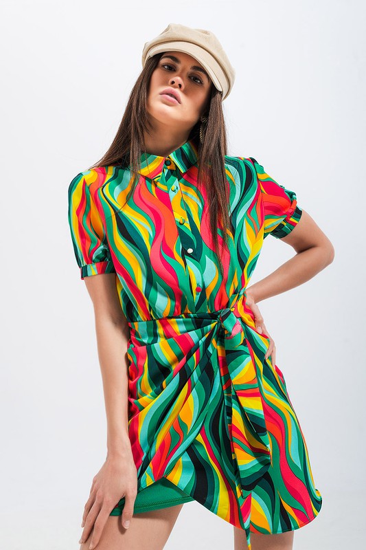 MINI WRAP SHIRT DRESS IN GREEN SWIRL PRINT