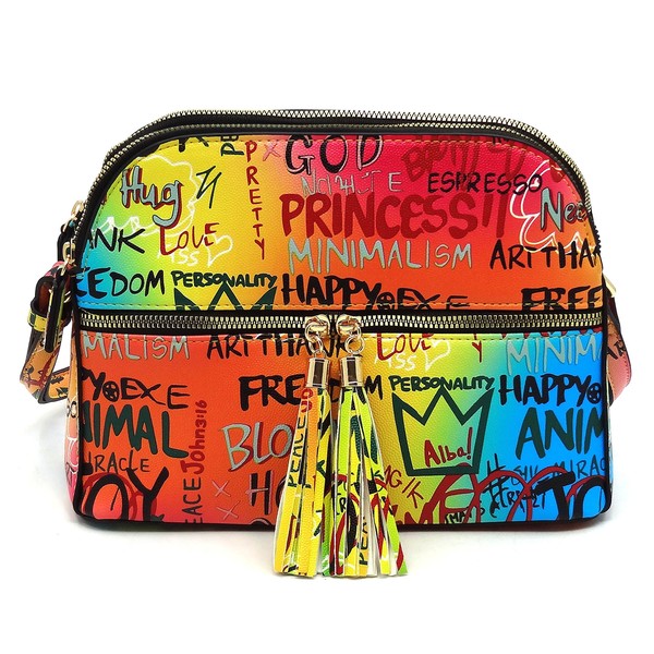 Multi Graffiti Tassel Zipper Crossbody Bag