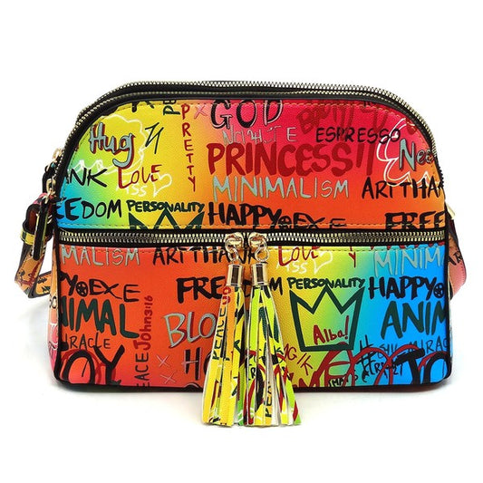 Multi Graffiti Tassel Zipper Crossbody Bag