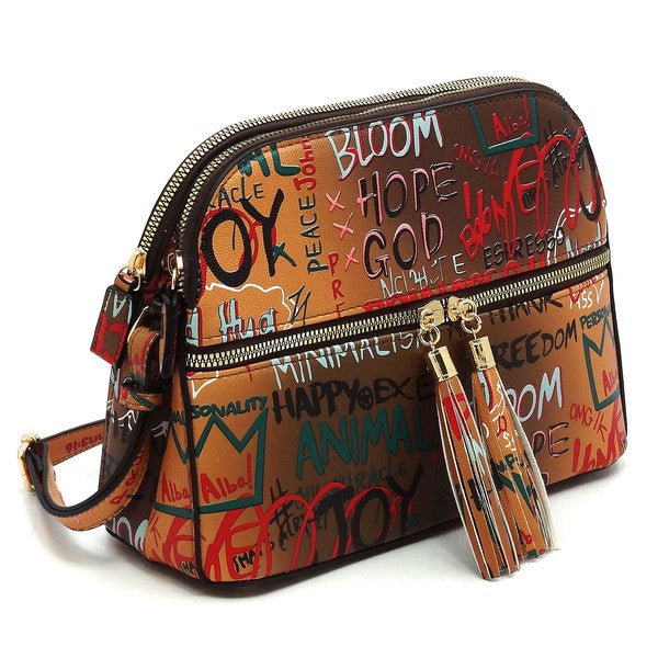 Multi Graffiti Tassel Zipper Crossbody Bag
