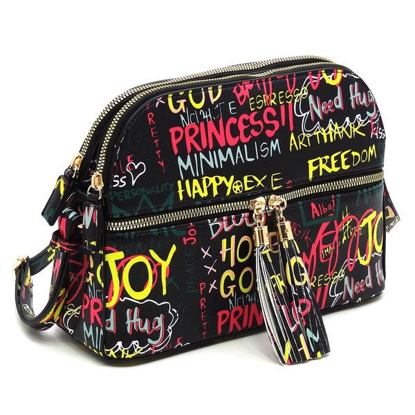 Multi Graffiti Tassel Zipper Crossbody Bag