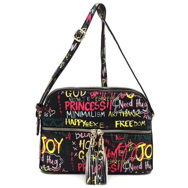 Multi Graffiti Tassel Zipper Crossbody Bag