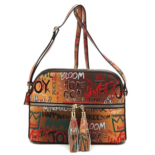 Multi Graffiti Tassel Zipper Crossbody Bag