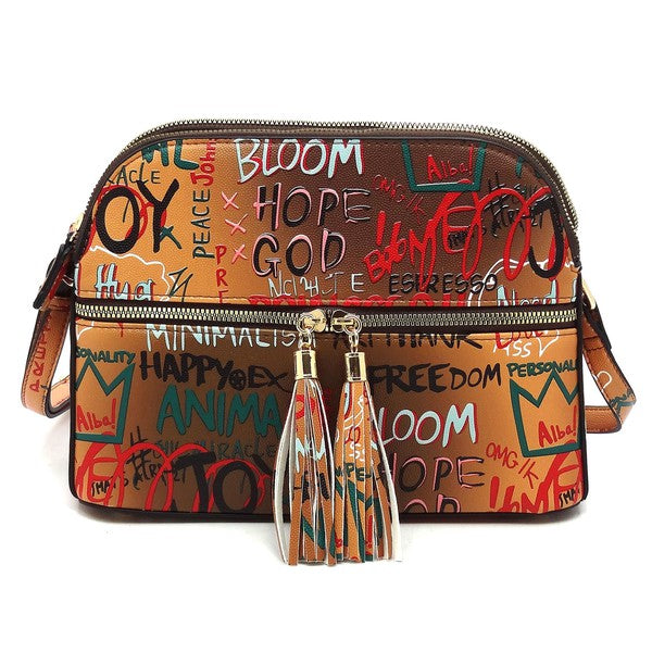 Multi Graffiti Tassel Zipper Crossbody Bag
