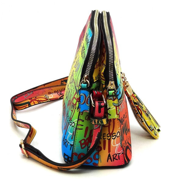 Multi Graffiti Tassel Zipper Crossbody Bag