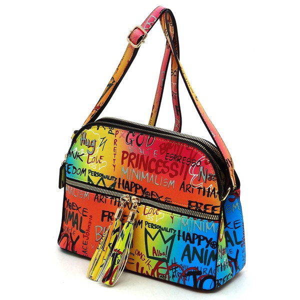 Multi Graffiti Tassel Zipper Crossbody Bag