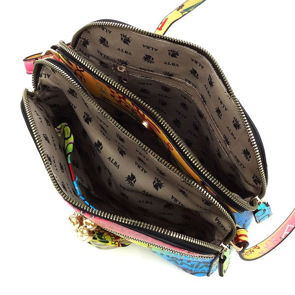 Multi Graffiti Tassel Zipper Crossbody Bag