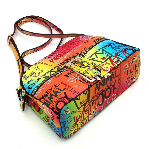 Multi Graffiti Tassel Zipper Crossbody Bag
