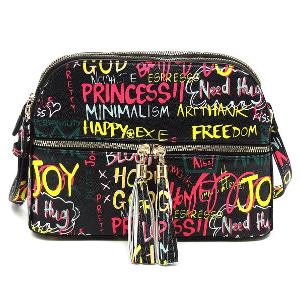 Multi Graffiti Tassel Zipper Crossbody Bag