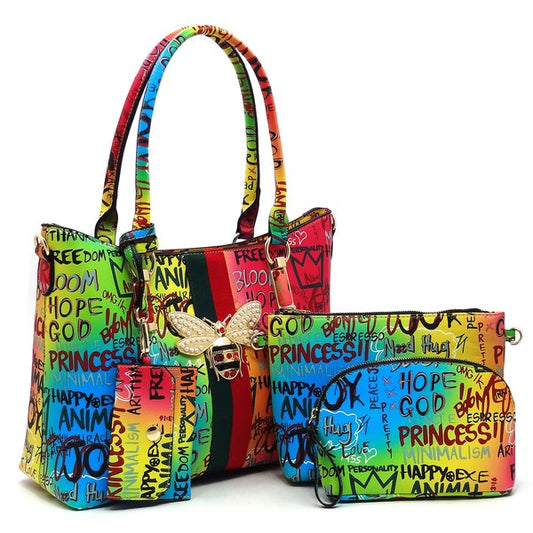 Multi Graffiti Queen Bee Stripe 4-in-1 Satchel Set