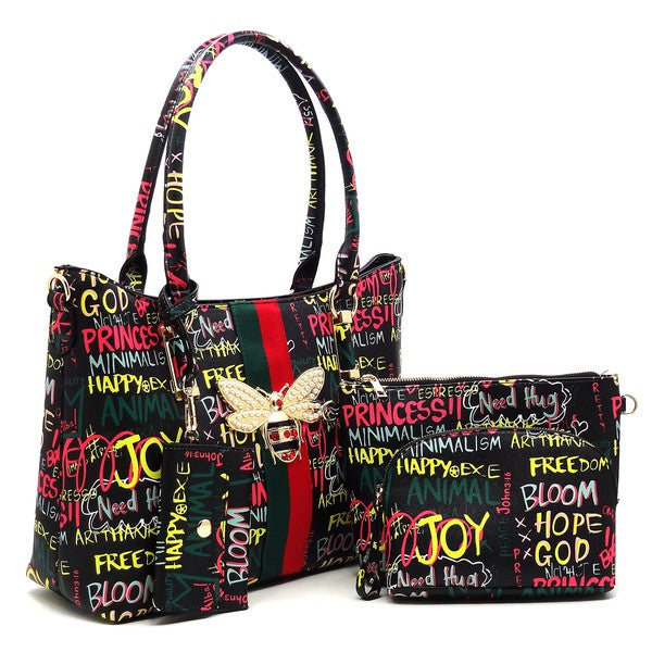 Multi Graffiti Queen Bee Stripe 4-in-1 Satchel Set
