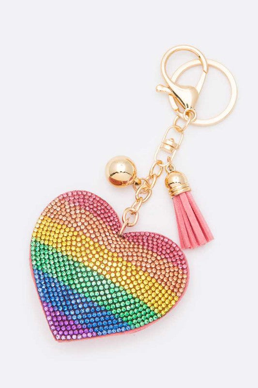 Rainbow Heart Rhinestone Pillow Key Chain