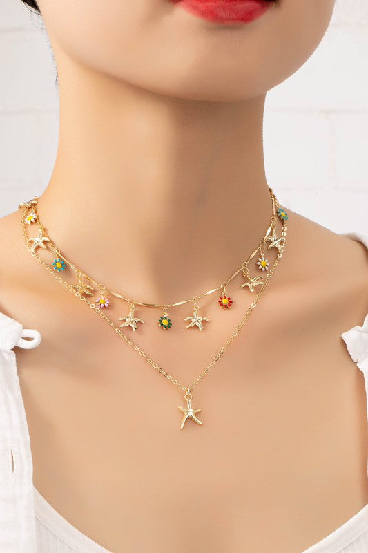 Two Row Star & Flower Charm Drop Necklace