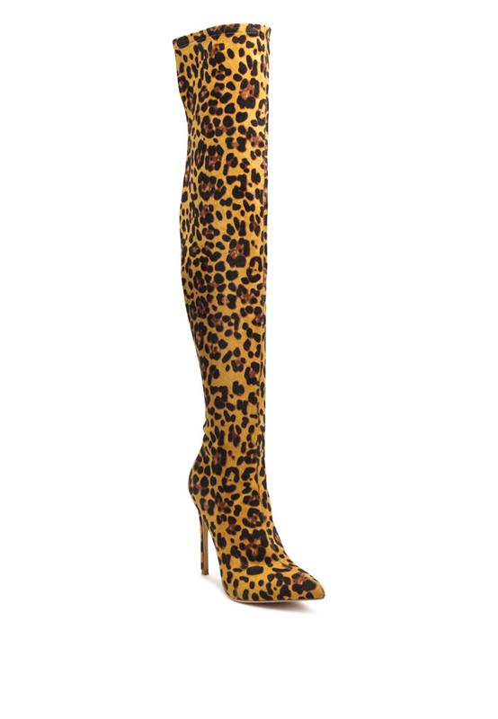 Pokey Vegan Leather The Knee Block Heeled Leopard Print Boots