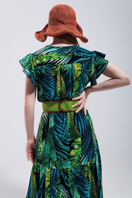 SHORT SLEEVE TIERED MIDI DRESS IN TROPICAL PRINT