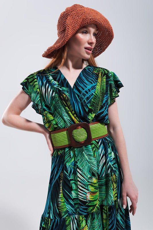 SHORT SLEEVE TIERED MIDI DRESS IN TROPICAL PRINT