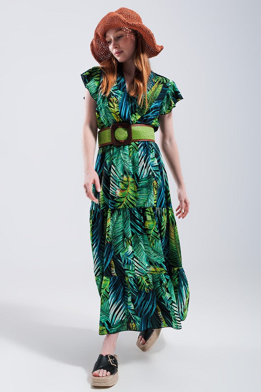 SHORT SLEEVE TIERED MIDI DRESS IN TROPICAL PRINT