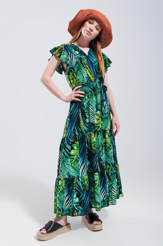SHORT SLEEVE TIERED MIDI DRESS IN TROPICAL PRINT