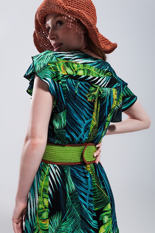 SHORT SLEEVE TIERED MIDI DRESS IN TROPICAL PRINT