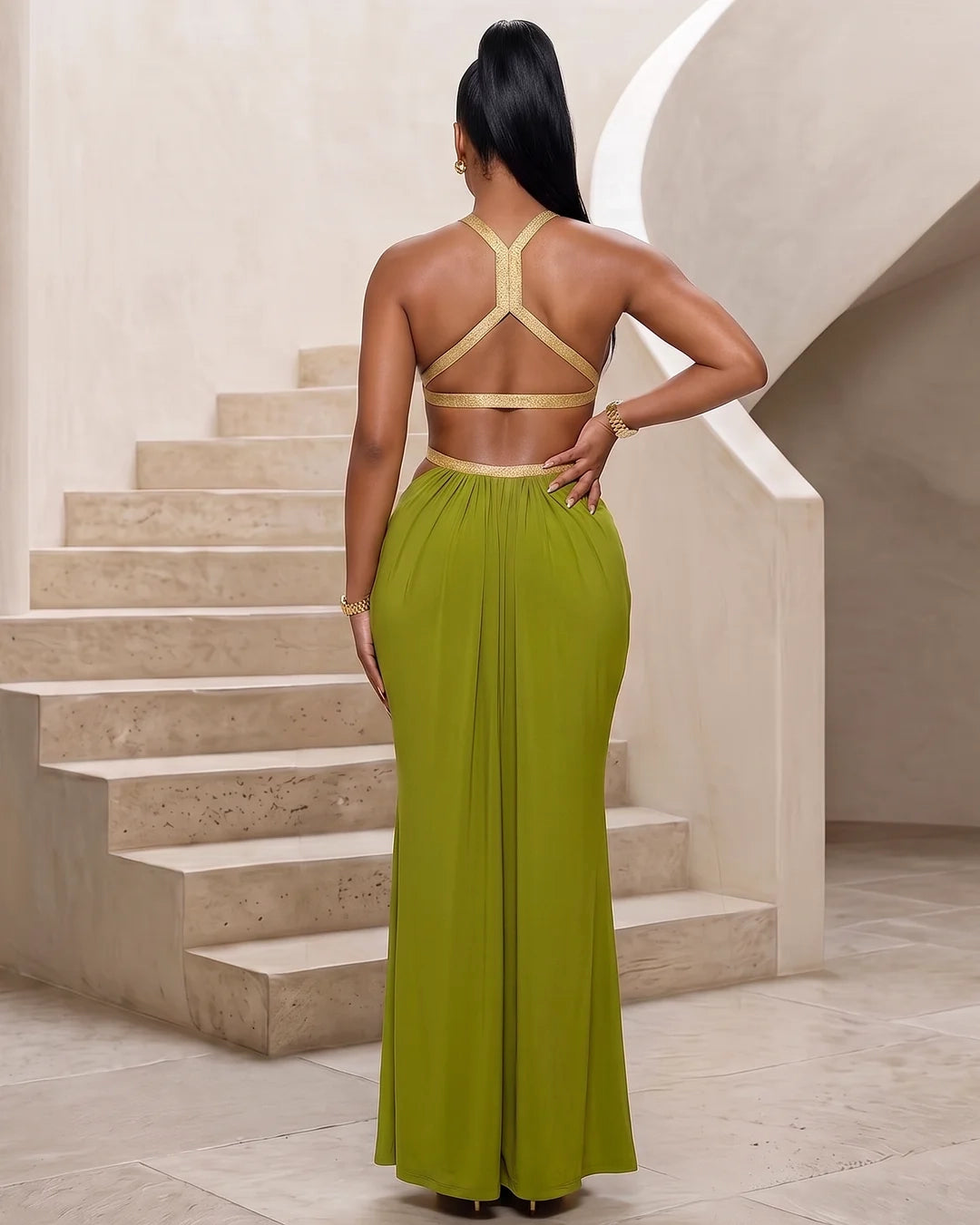 Roman Goddess Maxi Dress- Green/Gold/White