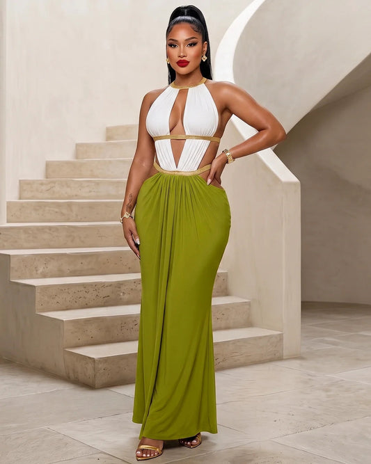 Roman Goddess Maxi Dress- Green/Gold/White
