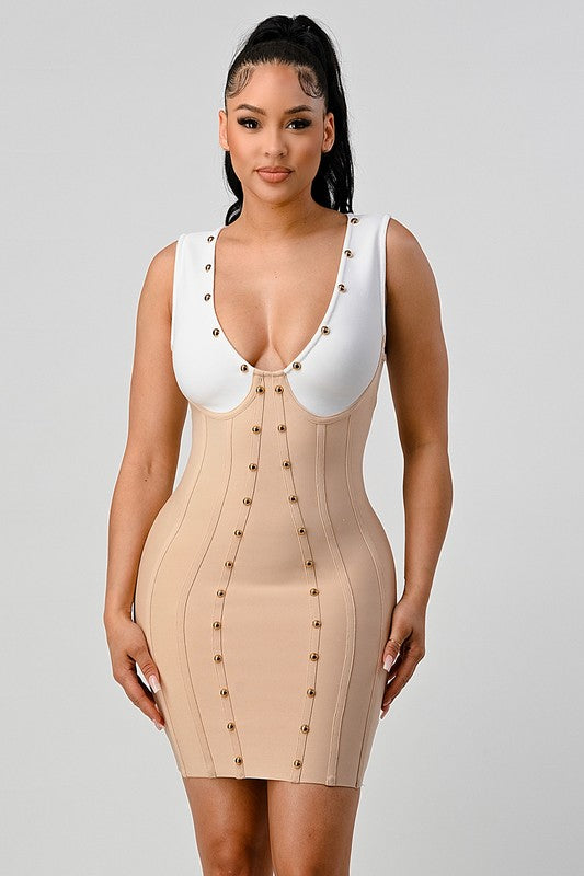 Stunning Beads Contrast Color Sexy Bandage Dress
