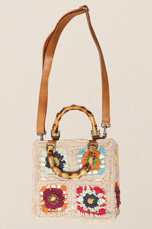 Square Multicolored Tiles with Bamboo Handles Bag