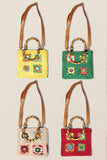 Square Multicolored Tiles with Bamboo Handles Bag