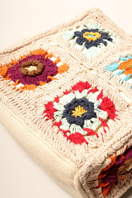 Square Multicolored Tiles with Bamboo Handles Bag