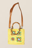 Square Multicolored Tiles with Bamboo Handles Bag