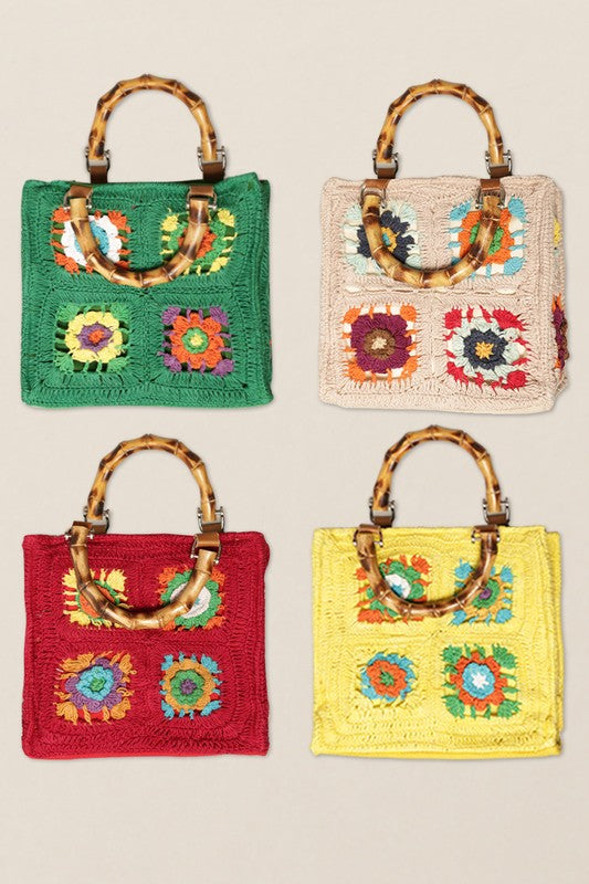 Square Multicolored Tiles with Bamboo Handles Bag