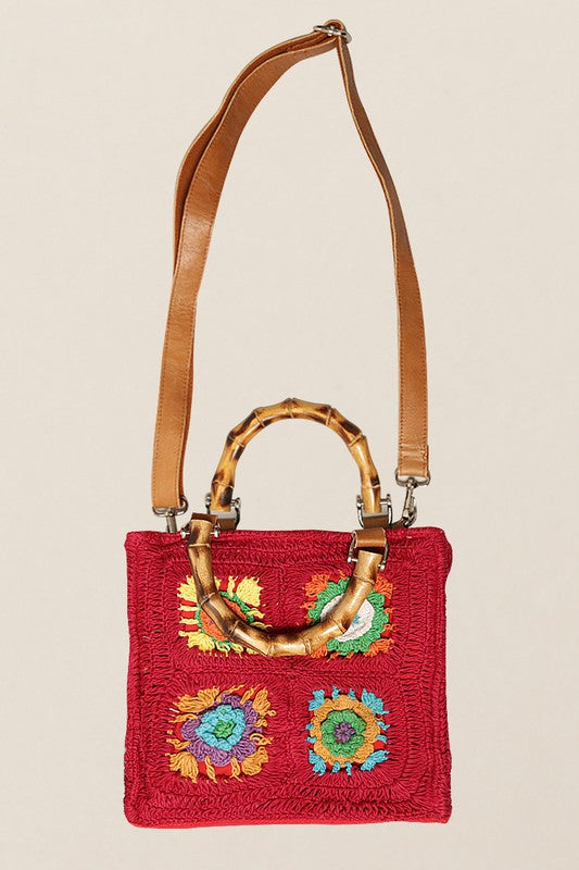 Square Multicolored Tiles with Bamboo Handles Bag