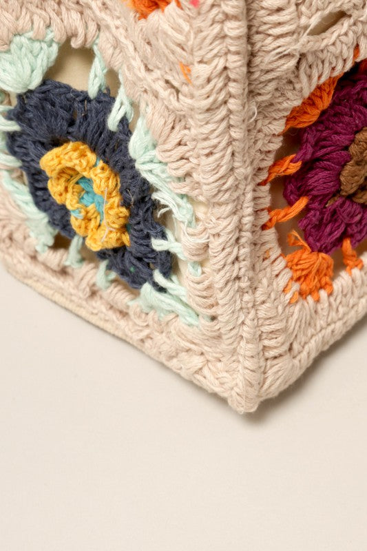 Square Multicolored Tiles with Bamboo Handles Bag