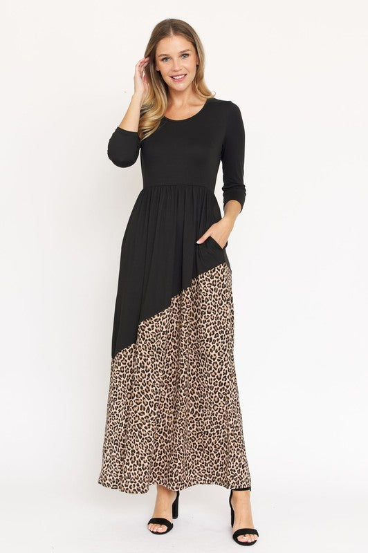 Asymmetrical Leopard Accent Maxi Dress (4 Colors)