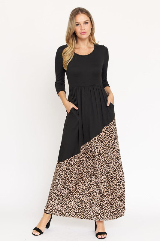 Asymmetrical Leopard Accent Maxi Dress (4 Colors)