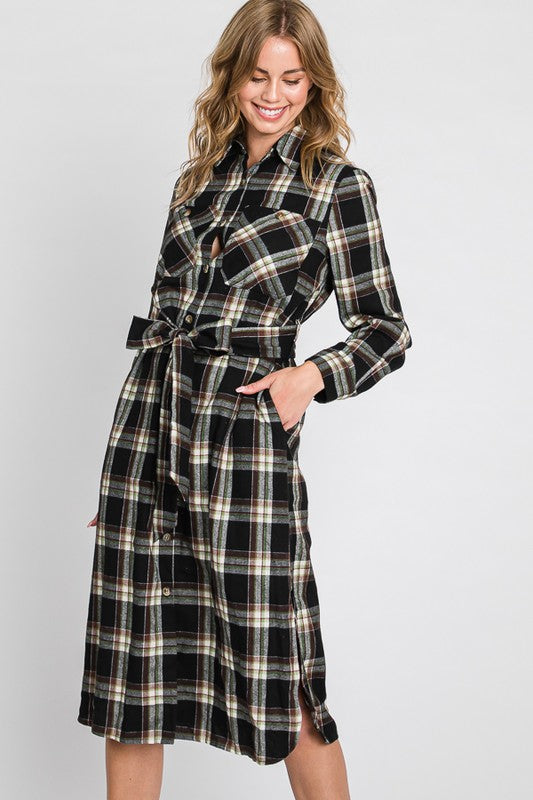 PLUS SIZE PLAID BELTED LONG SHIRT DRESS-3 COLORS