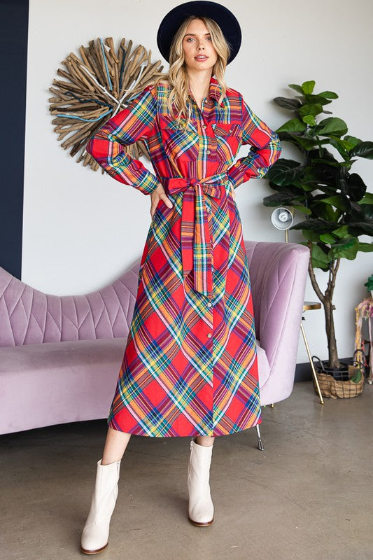 PLUS SIZE PLAID BELTED LONG SHIRT DRESS-3 COLORS