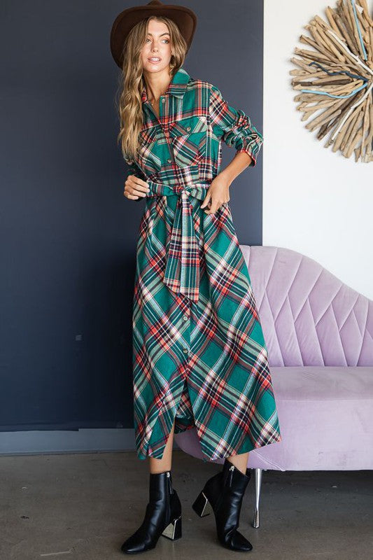 PLUS SIZE PLAID BELTED LONG SHIRT DRESS-3 COLORS