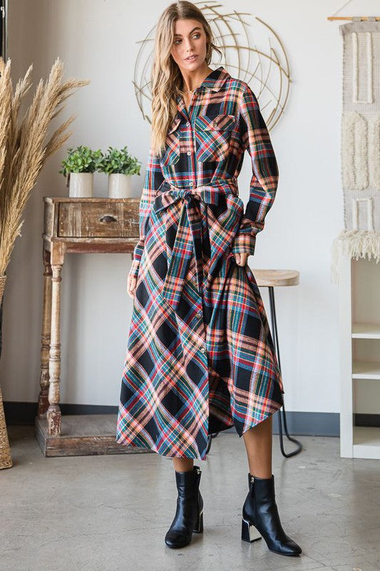 PLUS SIZE PLAID BELTED LONG SHIRT DRESS-3 COLORS
