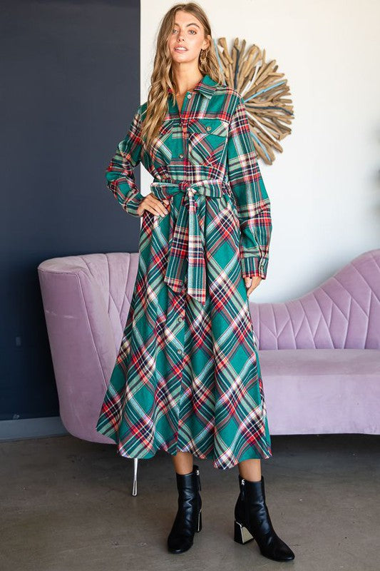 PLUS SIZE PLAID BELTED LONG SHIRT DRESS-3 COLORS