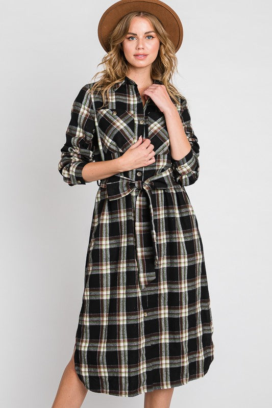 PLUS SIZE PLAID BELTED LONG SHIRT DRESS-3 COLORS