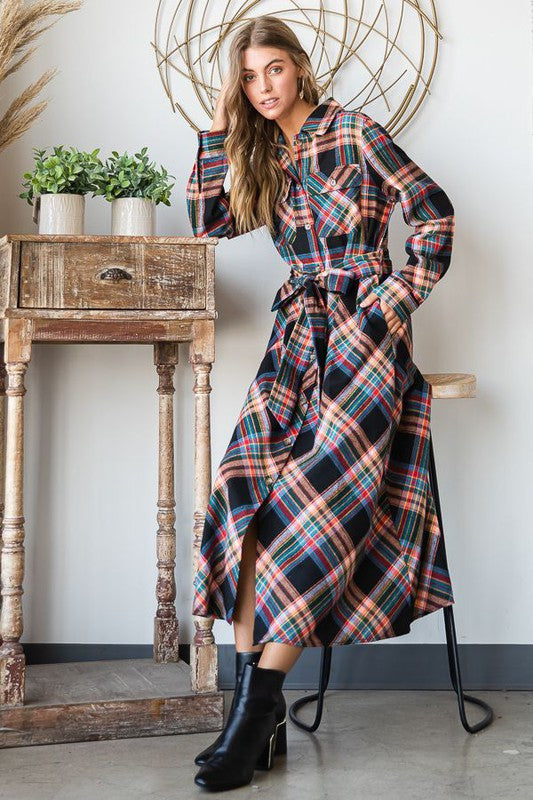 PLUS SIZE PLAID BELTED LONG SHIRT DRESS-3 COLORS