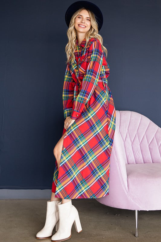 PLUS SIZE PLAID BELTED LONG SHIRT DRESS-3 COLORS